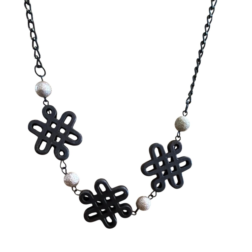 Black Celtic Knot Statement Necklace Silver Textured Beads‎ Adjustable Geometric